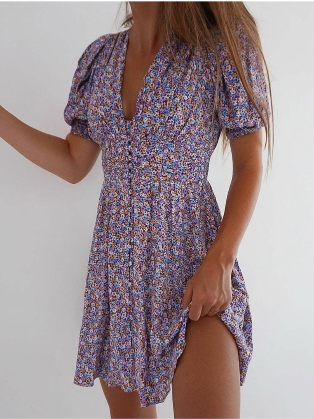 Zara Purple Floral V-Neck Midi Dress with Shoulder Pads - Picture 1 of 7
